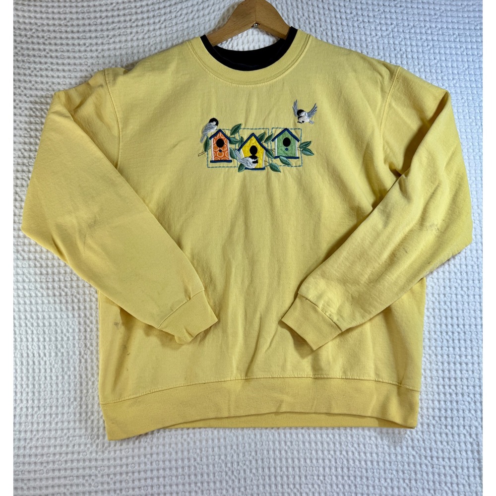 Vintage Birdhouse Embroidered Sweatshirt Yellow Cottagecore Crewneck Pullover M - Picture 3 of 12